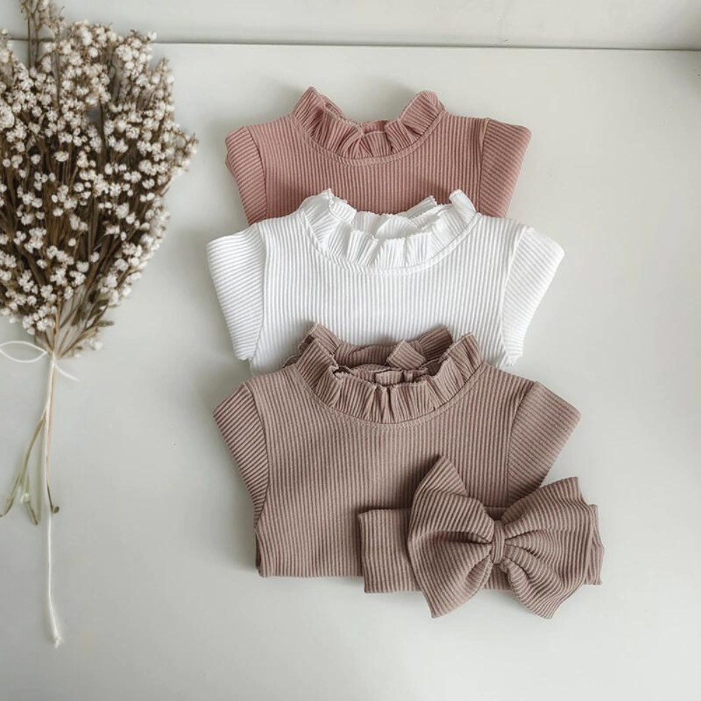 2pc Ribbed Baby Romper Headband Set -Neutral Cotton - EllaLaine