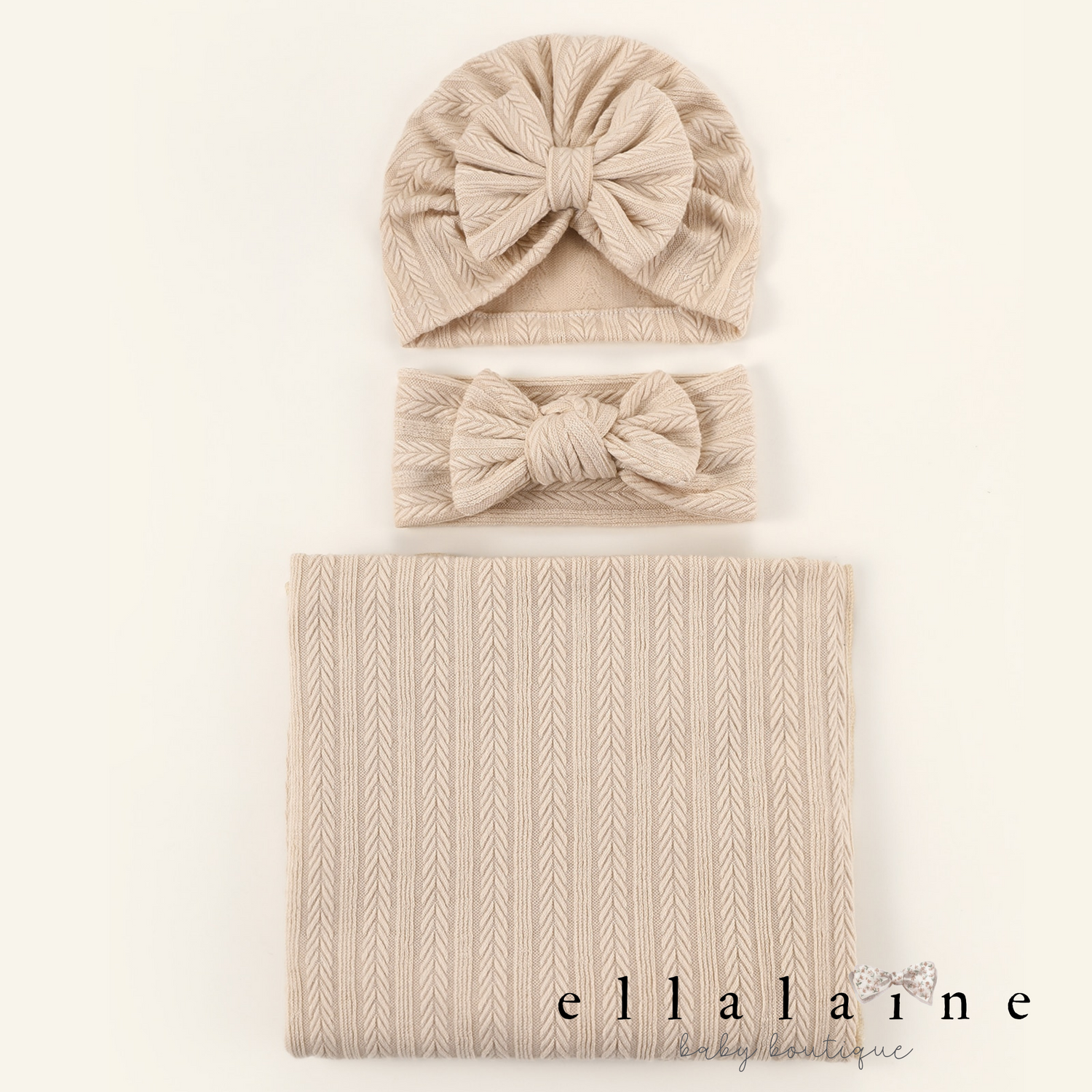 Beige 3pc Baby Swaddle Set | Turban Hat | Baby Headband | Swaddle Blanket - EllaLaine