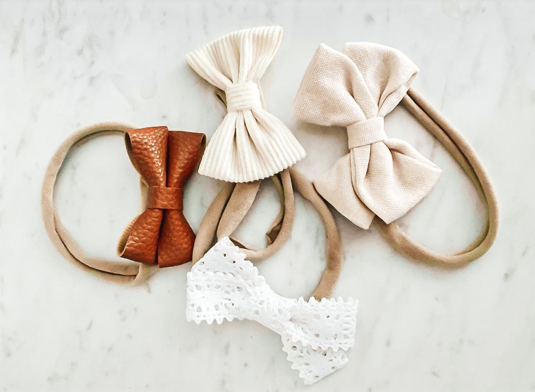 4pc Baby Bow Headbands | Neutral Fall Newborn Accessories | Leather Lace Corduroy Cotton - EllaLaine