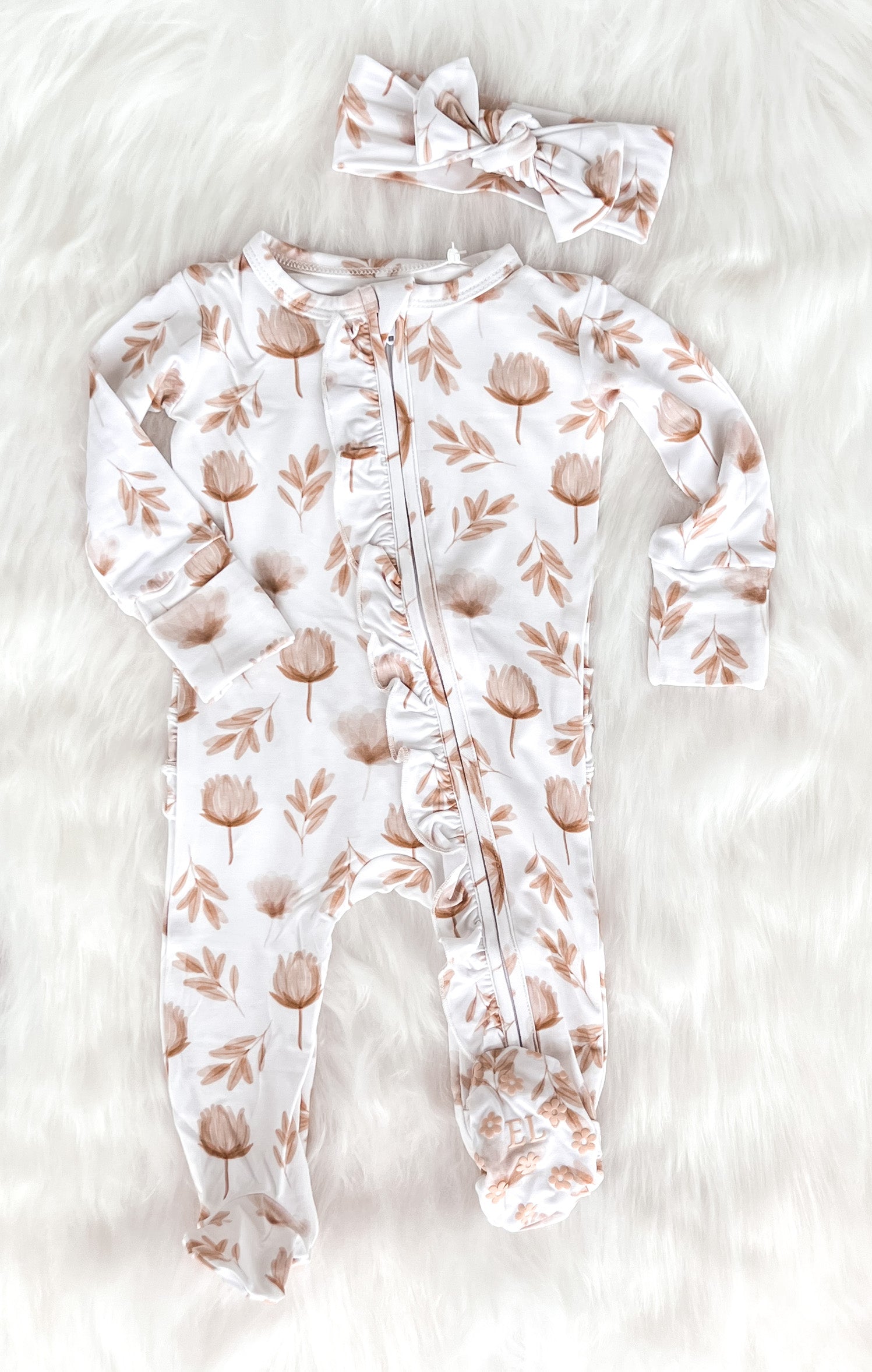 Beige Florals Bamboo Footie Double Zipper - EllaLaine