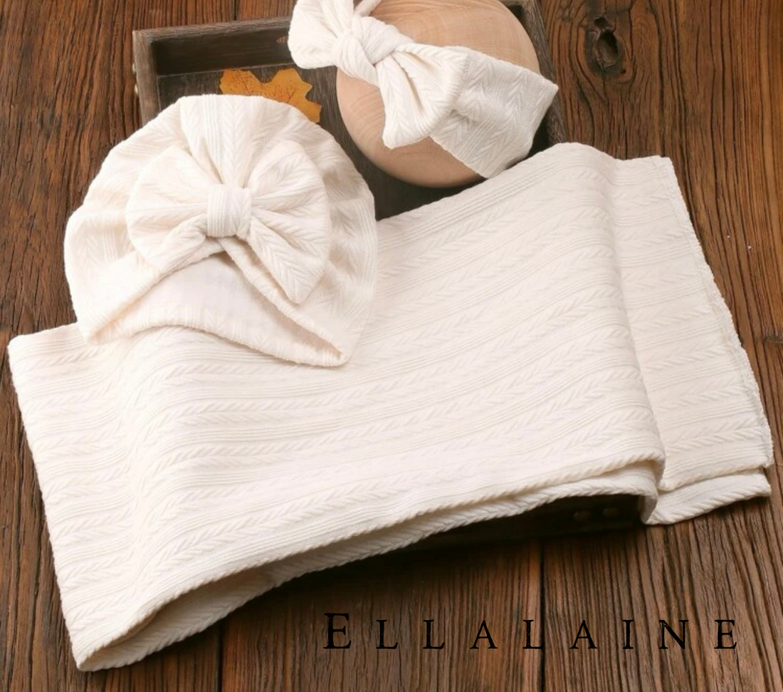 Vanilla 3pc Baby Swaddle Set | Turban Hat | Baby Headband | Swaddle Blanket - EllaLaine
