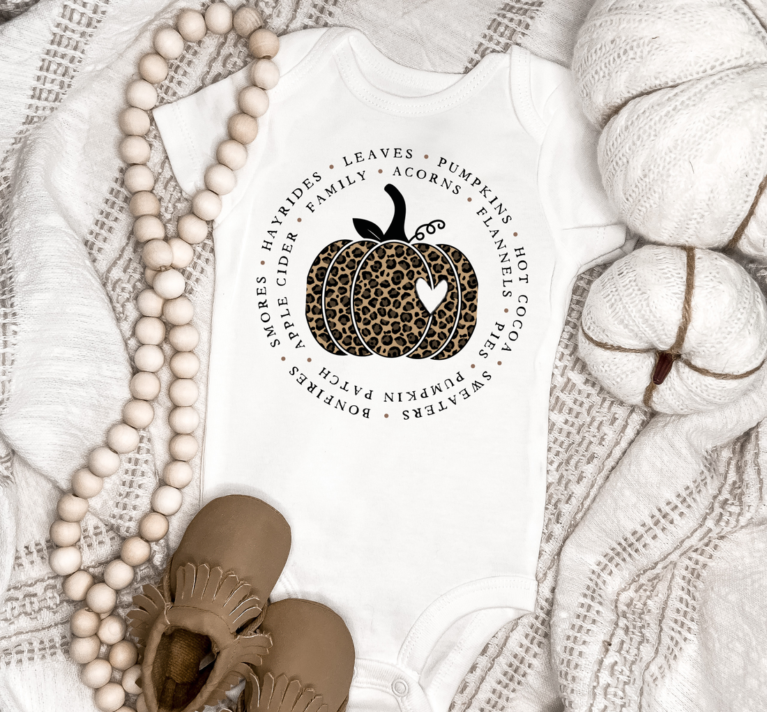 Fall Words Pumpkin Onesie | Leopard Fall Baby Bodysuit | Halloween Pumpkin Patch Outfit - EllaLaine