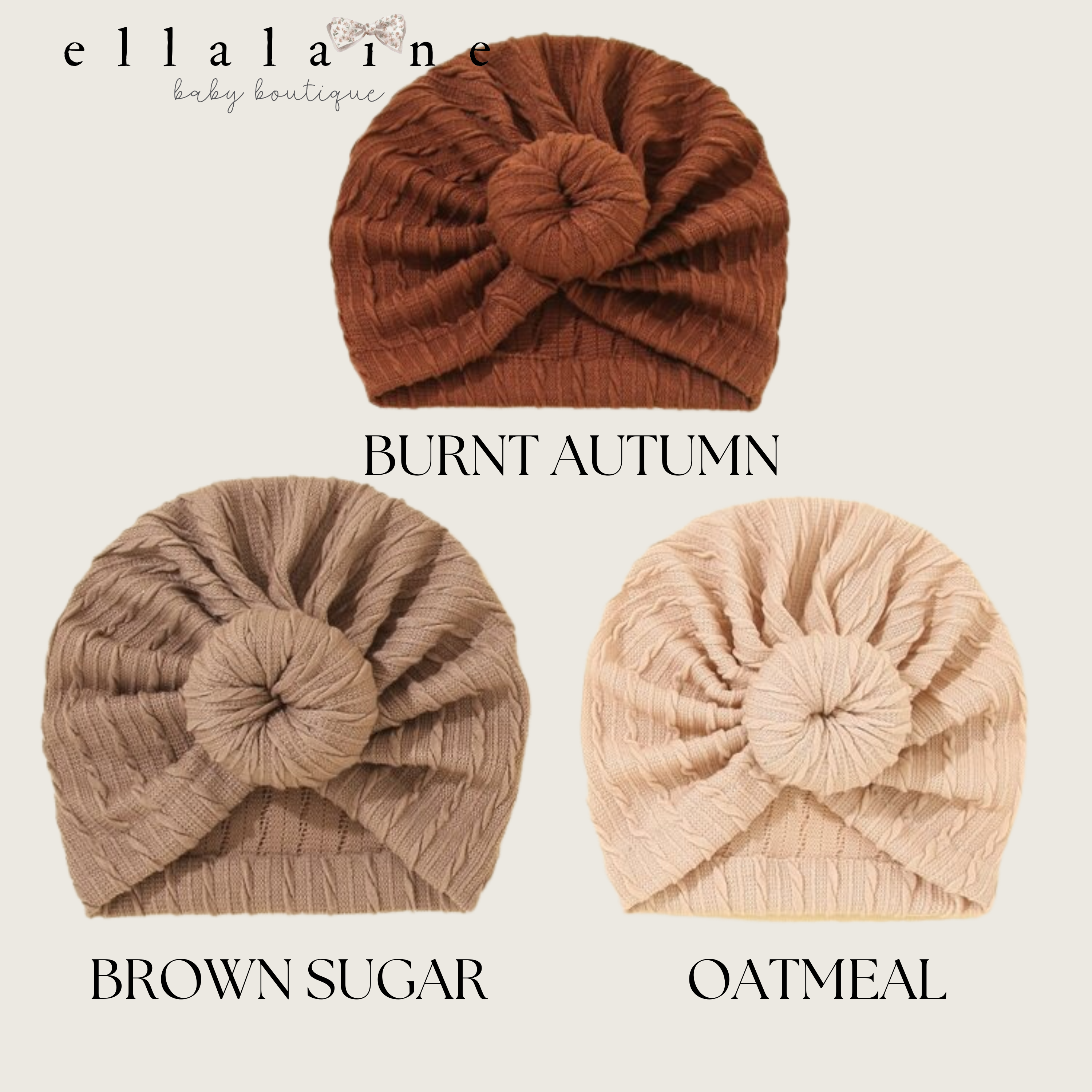 Boho Baby 3pc Hat Set | Turban Knot Hat | Oatmeal | Brown Sugar | Burnt Autumn - EllaLaine