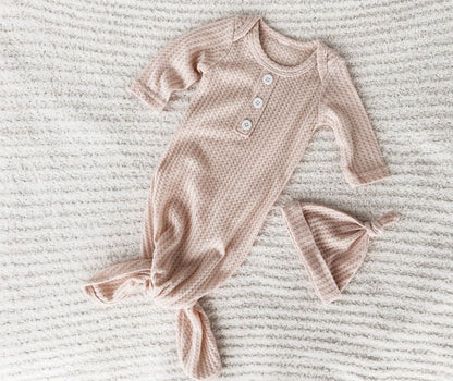 Waffle Knit Baby Knot Gown with Hat | Unisex Newborn - EllaLaine
