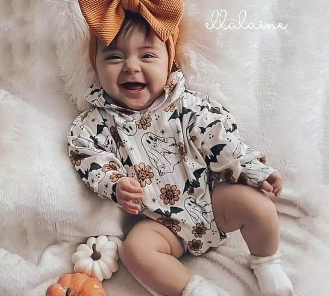 Halloween Baby Bodysuit | Floral Ghost Baby Onesie | Fall Outfit | Halloween Bat Pattern - EllaLaine