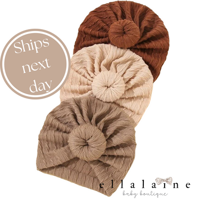Boho Baby 3pc Hat Set | Turban Knot Hat | Oatmeal | Brown Sugar | Burnt Autumn - EllaLaine