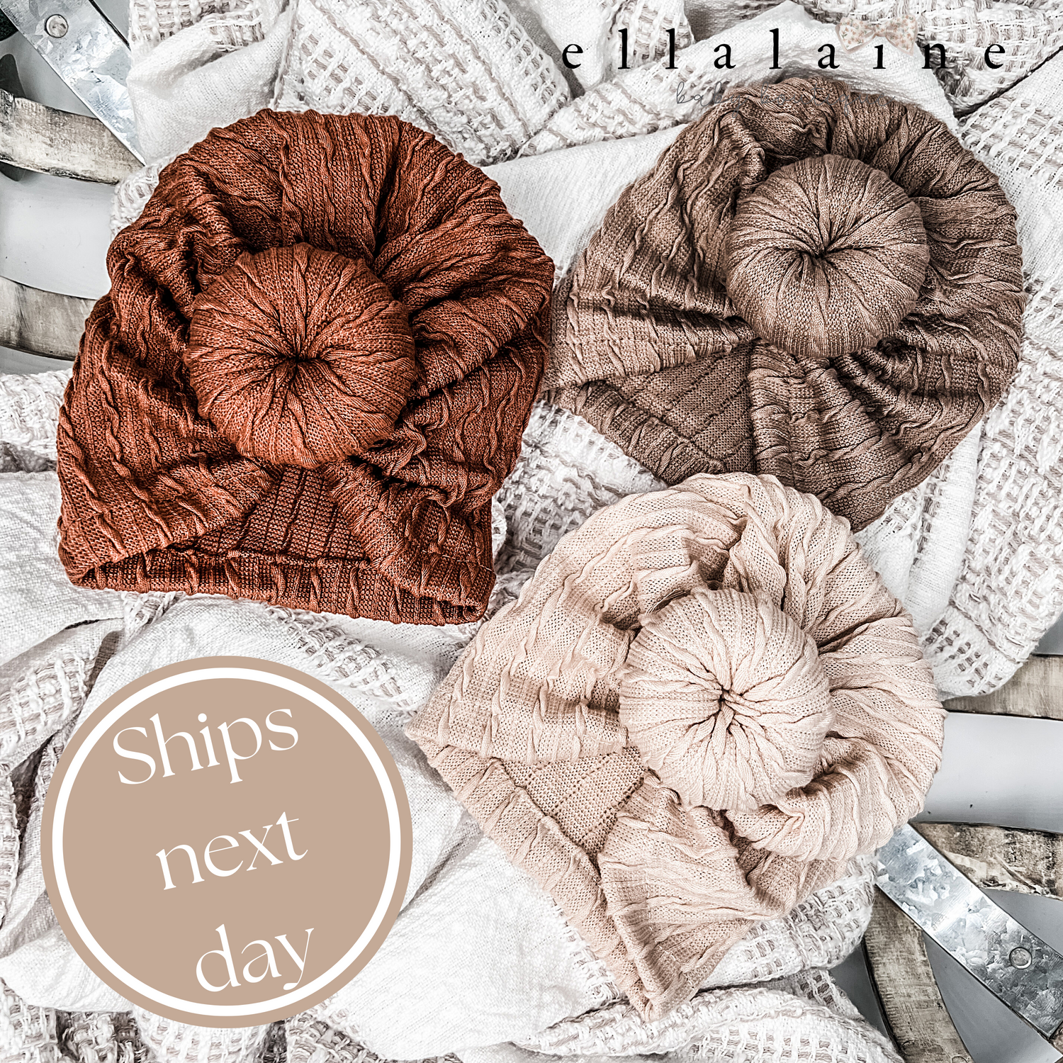 Boho Baby 3pc Hat Set | Turban Knot Hat | Oatmeal | Brown Sugar | Burnt Autumn - EllaLaine