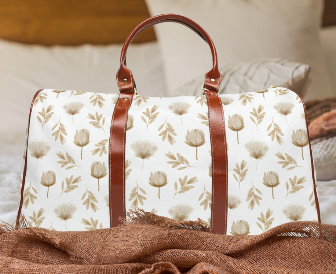 Beige Florals Waterproof Overnight Bag - EllaLaine